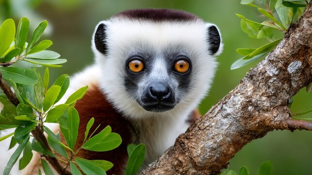 Coquerel's sifaka lemur staring from tree branch