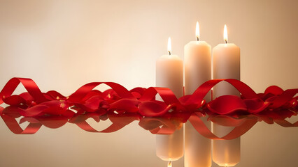 Three white candles with red ribbon on reflective surface