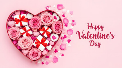 Happy valentine's day with roses and chocolates in heart shaped box