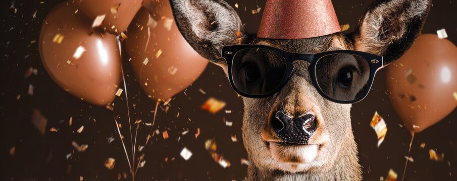 Funny deer wearing glasses and party hat with balloons and confetti
