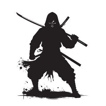 Ninja silhouette standing in fighting stance with swords
