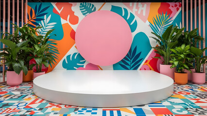 Vibrant product display stage with tropical leaves and plants