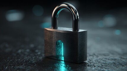Fototapeta premium Cybersecurity Digital Padlock 3D Rendering: Premium Glowing Cyber Security Lock for Data Protection, Encrypted Access Control and Information Security on Dark Background.