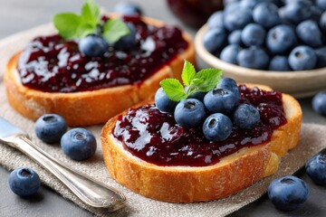 Blueberry jam spreading on toast for breakfast
