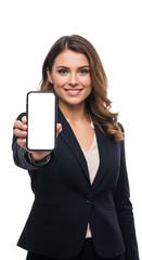 Confident young businesswoman elegantly presenting a modern smartphone with a pristine blank white screen, ideal for showcasing new apps, mockups, or digital content in a professional business context