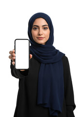Confident woman in a modest hijab proudly presents a contemporary smartphone with a customizable blank screen, ideal for modern app showcases, UI/UX designs, and digital advertising mockups