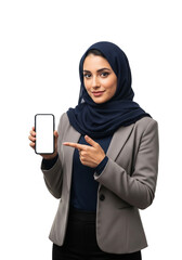Professional young woman in a hijab confidently presents a blank smartphone screen for your content, highlighting mobile technology and digital communication with a welcoming gesture