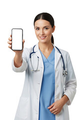 Confident female medical professional showcasing a smartphone with an empty screen, representing digital health innovations, telemedicine services, and healthcare technology solutions for patient care
