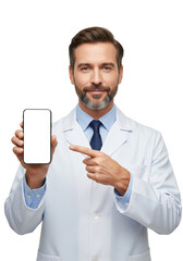 Confident medical professional showcases innovative digital health solutions on a blank smartphone screen, ideal for presenting new healthcare applications and cutting-edge technology to patients