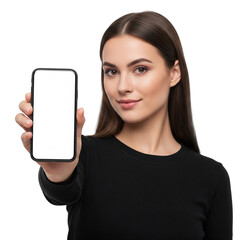 Smiling woman holds modern smartphone with blank screen, ideal template for mobile app mockups, website designs, and digital content display