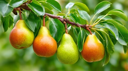 Obraz premium Ripe green and red pears hanging on tree branch