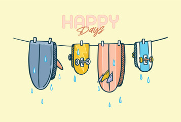 Illustration of surfboards and skateboards drying on a clothesline.