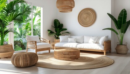 Bright tropical interior with large windows, white walls, green plants, airy open space, modern tropical design