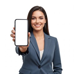 Professional woman smiles, presenting a contemporary smartphone with a blank white screen. Ideal for showcasing mobile apps, website designs, or personalized digital content