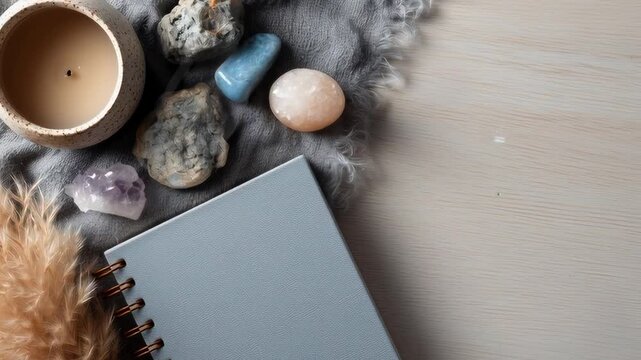A notebook sits on a table with a candle, rocks, and crystals. The notebook is open to a blank page, and the items on the table suggest a focus on spirituality and self-reflection