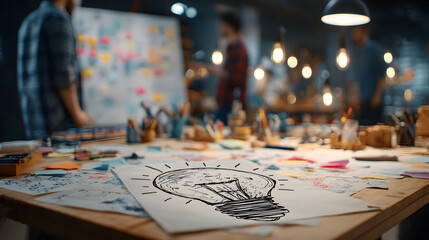Collaborative brainstorming workshop in a creative space featuring charts, notes, and a light bulb idea symbol on the table