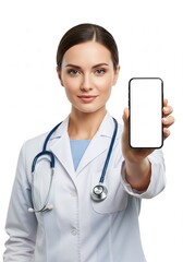 Female doctor in a white medical coat and stethoscope presents a smartphone with a blank screen, ready for demonstrating healthcare applications, telemedicine, or digital patient tools