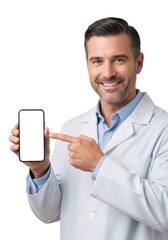 Smiling male professional in white coat confidently presents a smartphone with a blank screen, pointing to it, ideal for showcasing mobile applications or digital health services