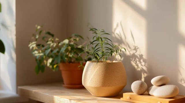 A shelf with a variety of potted plants and a few other items, including a book and a vase. The plants are arranged in a way that creates a sense of balance and harmony