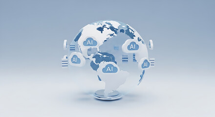 A globe with ai clouds and data servers representing artificial intelligence around the world network