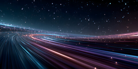 Neon blue and pink light trails against a starry sky, flowing in a curved path to create a vibrant, fast-motion effect with a futuristic, cosmic atmosphere.