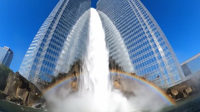 Dynamic urban illusion a colossal waterfall cascades majestically between twin skyscrapers, a vivid rainbow completing this impossible city vision