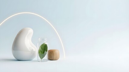 A serene white vase and glass container with green leaf on a minimalist background