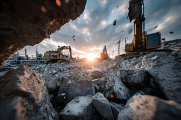 Recovery and recycling of concrete rubble debris on construction site after a demolition of a concrete structure