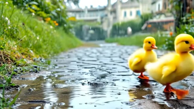 Adorable ducklings wearing rain hats on wet cobblestone street