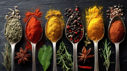 An artistic display of various spices placed in metal spoons on a dark slate background. Vibrant colors and diverse herbs capture the essence of culinary arts and flavor exploration.