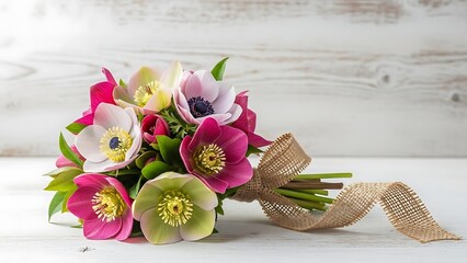 Delicate flower bouquet with burlap ribbon