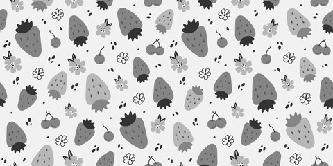 seamless pattern of monohrome strawberries with leaves, a cute flower, dots on a background. for print, paper, background, banner, business ideas, textile. art trend art illustration.