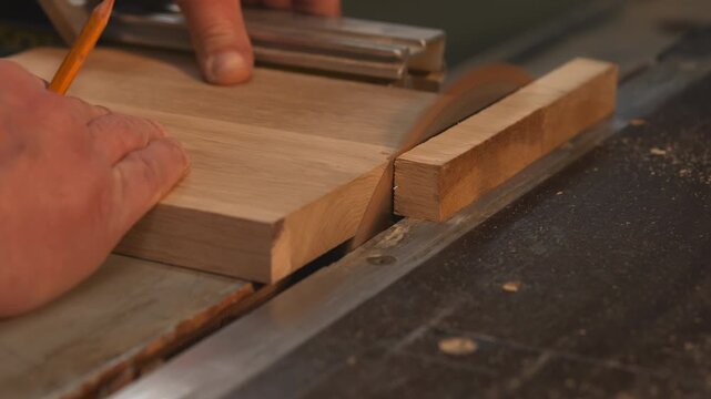 Craftsman Marking Wood Accurately, Detailed Craftsperson Drawing Precise Measurements On Wooden Surface. Media