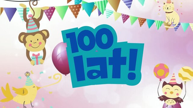 100 lat! niebieska kartka na urodziny ze zwierzętami i życzeniami po polsku