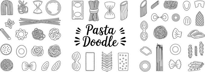 Black and white vector line art collection of various italian pasta shapes and noodles for cooking recipe and menu design.