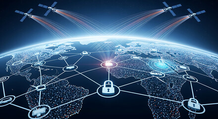 Global network connecting satellites to earth with data transfer and security icons overlayed