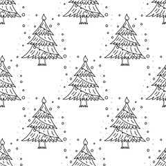 Doodle pattern of Christmas glass snow globes with christmas tree in black and white style