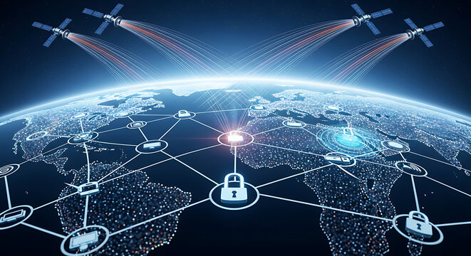 Global network connecting satellites to earth with data transfer and security icons overlayed - Powered by Adobe