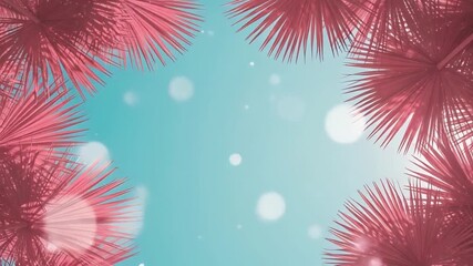 Red palm fronds framing a serene turquoise background with white bokeh lights