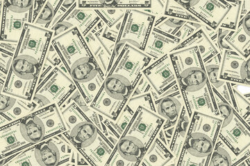 Background of scattered five US dollar bills money texture