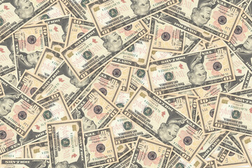 Background of scattered ten US dollar bills money texture