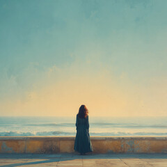 photo of young woman on the sea or ocean shore, standing with her back, untied dark hair develop in the wind, long dress, seascape, can be used as a poster or banner