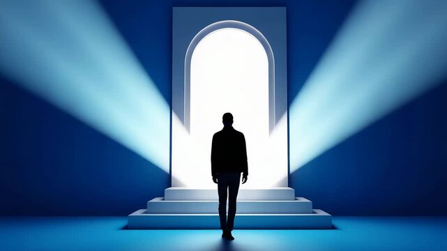 Silhouette at Glowing Arched Doorway with Radiant Light Beams &ndash; Conceptual Scene Symbolizing Enlightenment, Transition, Opportunity, Mystery, and Spiritual Journey Themes