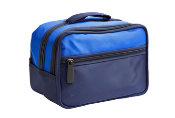 A blue and navy insulated lunch bag with a zipper and handle, isolated on a white background.