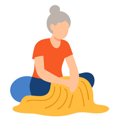 Senior woman kneading dough while sitting on the floor in home kitchen . Elderly set