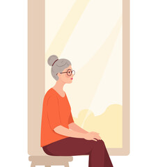 Elderly woman sitting calmly by a window with soft sunlight . Elderly set