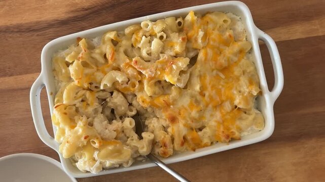 Eating Baked Macaroni and Cheese Pasta Shot From Above