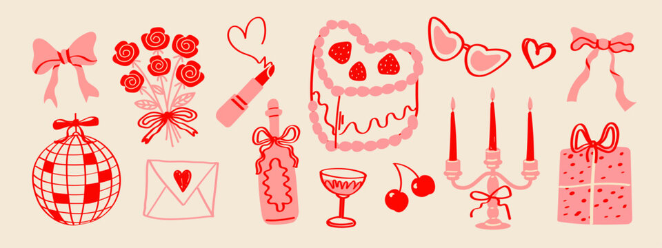 Vintage love elements set. Retro Valentine&rsquo;s Day doodle illustrations with elegant coquette hearts, bows, cake, disco ball, flowers and cherries. Romantic hand drawn wedding vector collection.