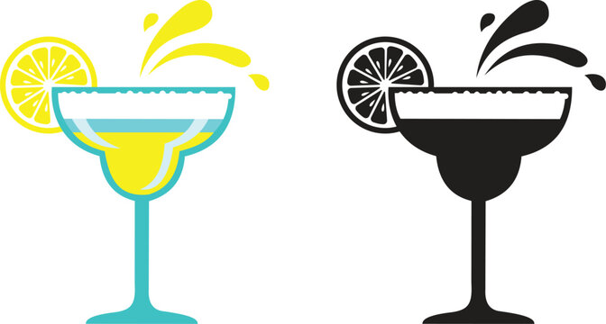Margarita cocktail glass icon set with lemon slice and liquid splash in color and black silhouette vector illustration