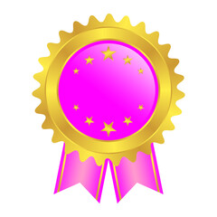 A vector illustration of a shiny, blank golden rosette award medal, featuring a vibrant pink center, six small gold stars, and decorative pink ribbons. Perfect for symbolizing achievement, excellence,